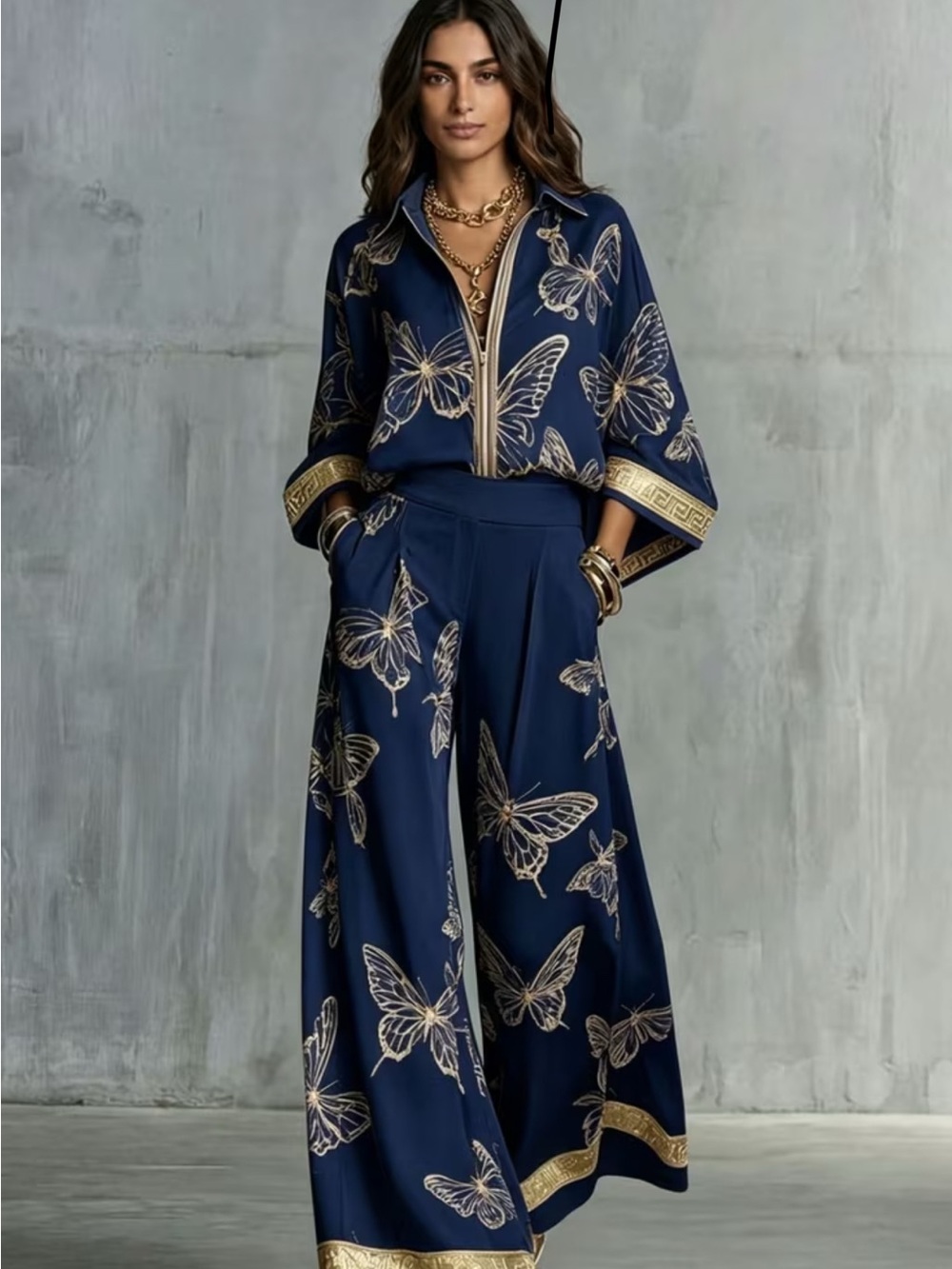 Navy Butterfly-Print Wide Leg Skirt